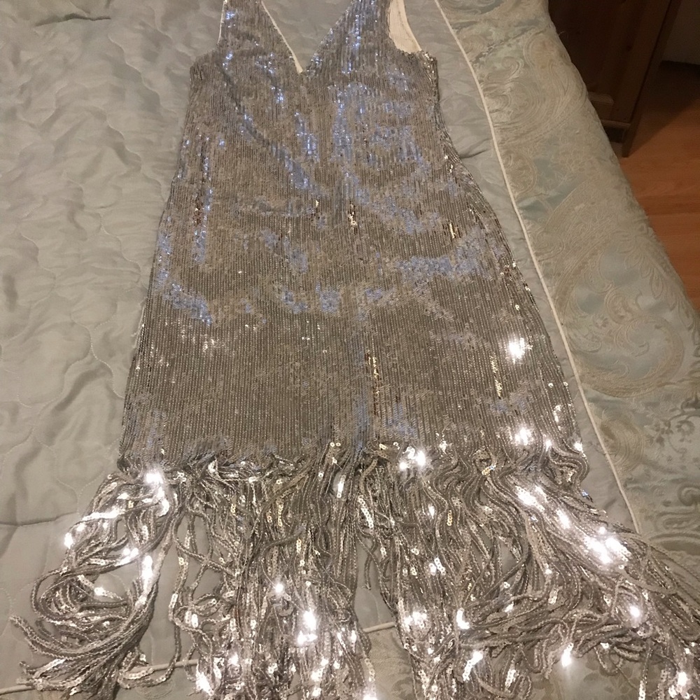 a. Peach silver sequined flapper girl costume dress